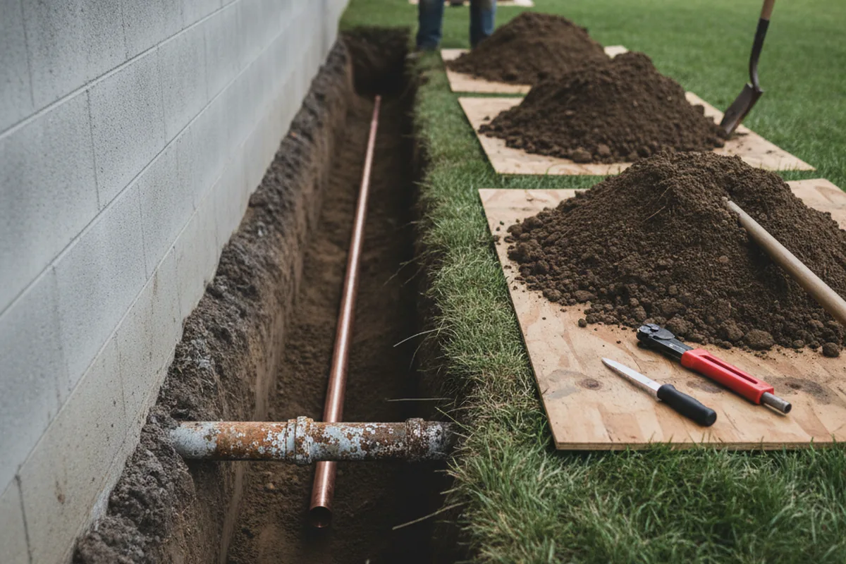 Excavated water line trench during Water Softener Installation in Buzzards Bay